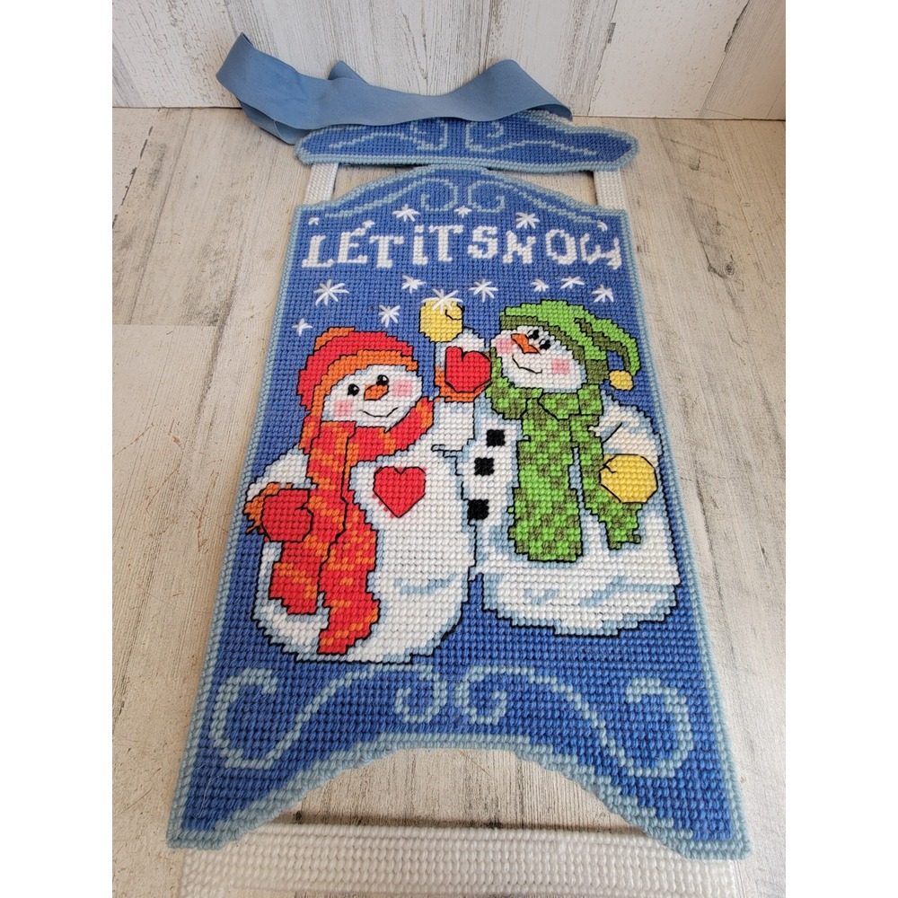 Vintage let it Snow cross stitch sled hanging Xmas sign home decor unique